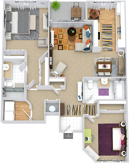 Floor plan for 2 beds, 2 baths, 1203 sqft